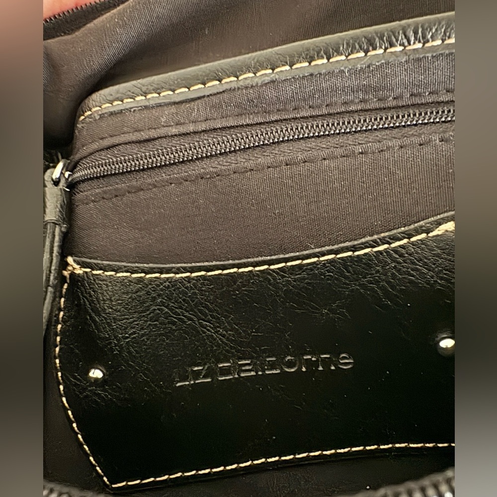 Liz Claiborne Fabric/Faux Leather Black Shoulder Bag Logo Pattern Strap Ring - Picture 8 of 12
